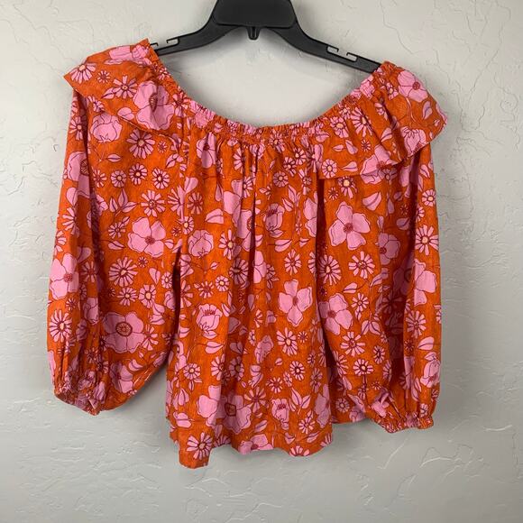 Free People Crop Top Womens Medium Orange Pink Floral Miss Daisy Smocked - Picture 4 of 11